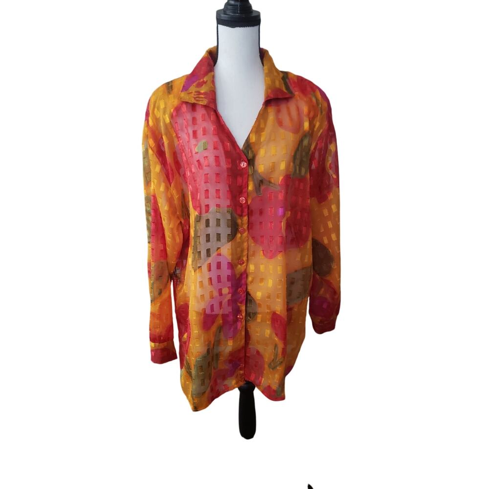 Exclusif Vibrant Blouse Button-up Size Large Sheer Fabric